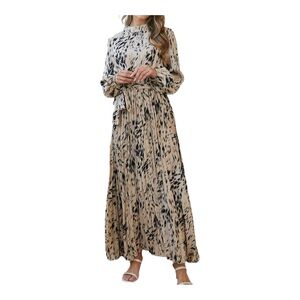 R. Vivimos Long-Sleeve Pleated Tan Black Maxi Dress Size M (8-10)